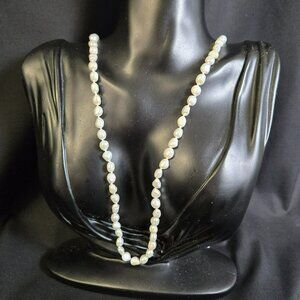 White Baroque Freshwater Pearl Necklace 34” Hand Knotted Iridescent Long Strand
